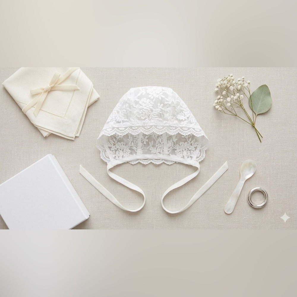 NEW White Floral Lace Heirloom Baby Bonnet – Newborn Photography Prop NWOT
